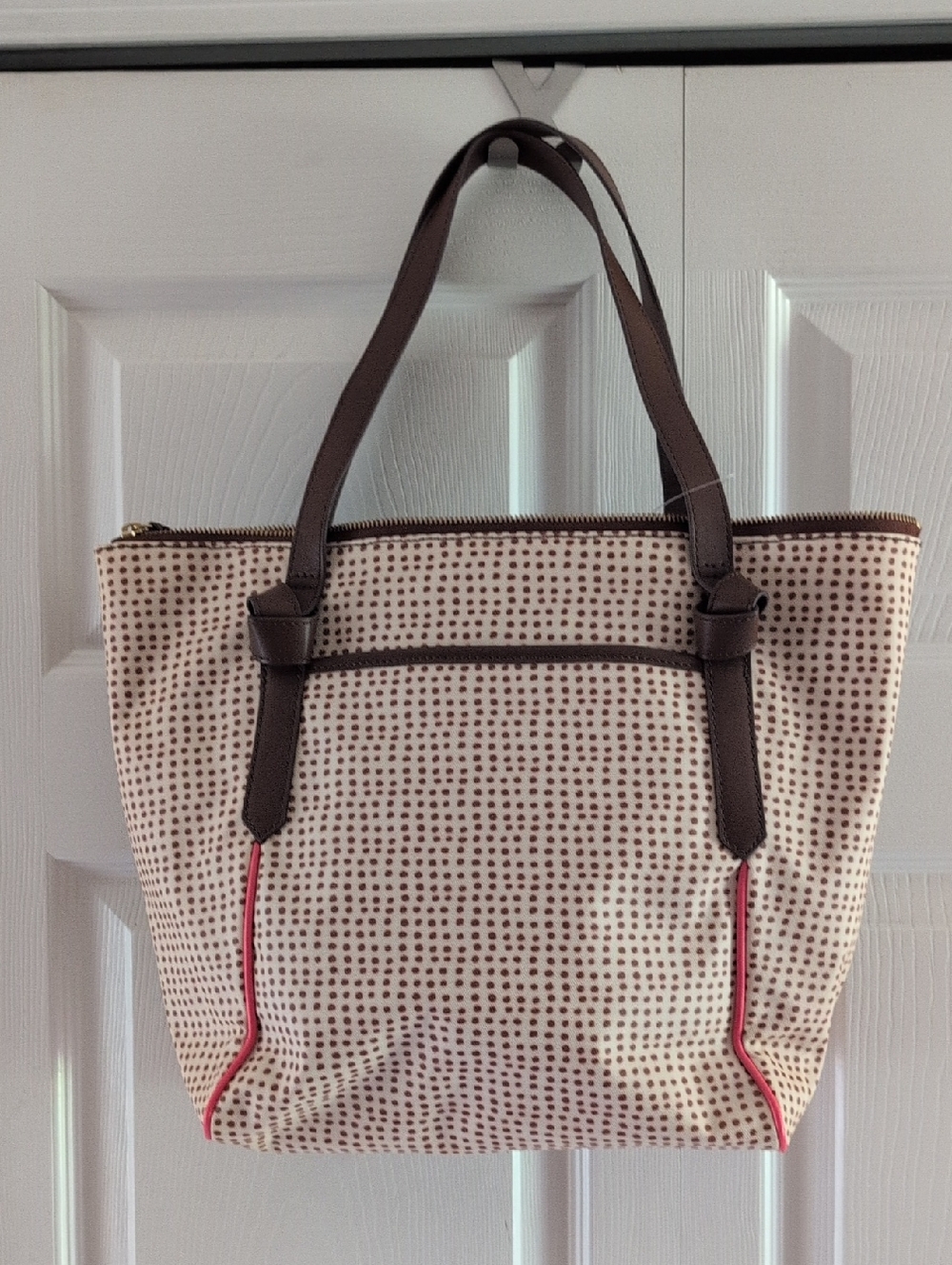 Fossil Faux Canvas Dot Pattern Tote Bag in Cream and Brown